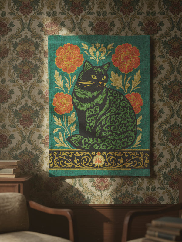A rectangular woven wall tapestry featuring a stylized Art Nouveau black cat with intricate green scrollwork patterns on its body. The cat sits against a rich teal green background, flanked by two large, burnt-orange poppy flowers on golden stems. The design is symmetrical, with delicate botanical details. A decorative, ornate border in black, gold, and cream runs along the bottom. The textile has a visible, high-quality woven texture, blending polyester and cotton threads.